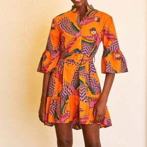 FARM Rio Vibrant Orange Macaws Multicolor Tiered Mini Dress